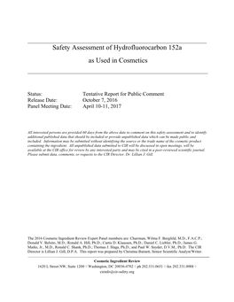 Safety Assessment of Hydrofluorocarbon 152A As Used in Cosmetics
