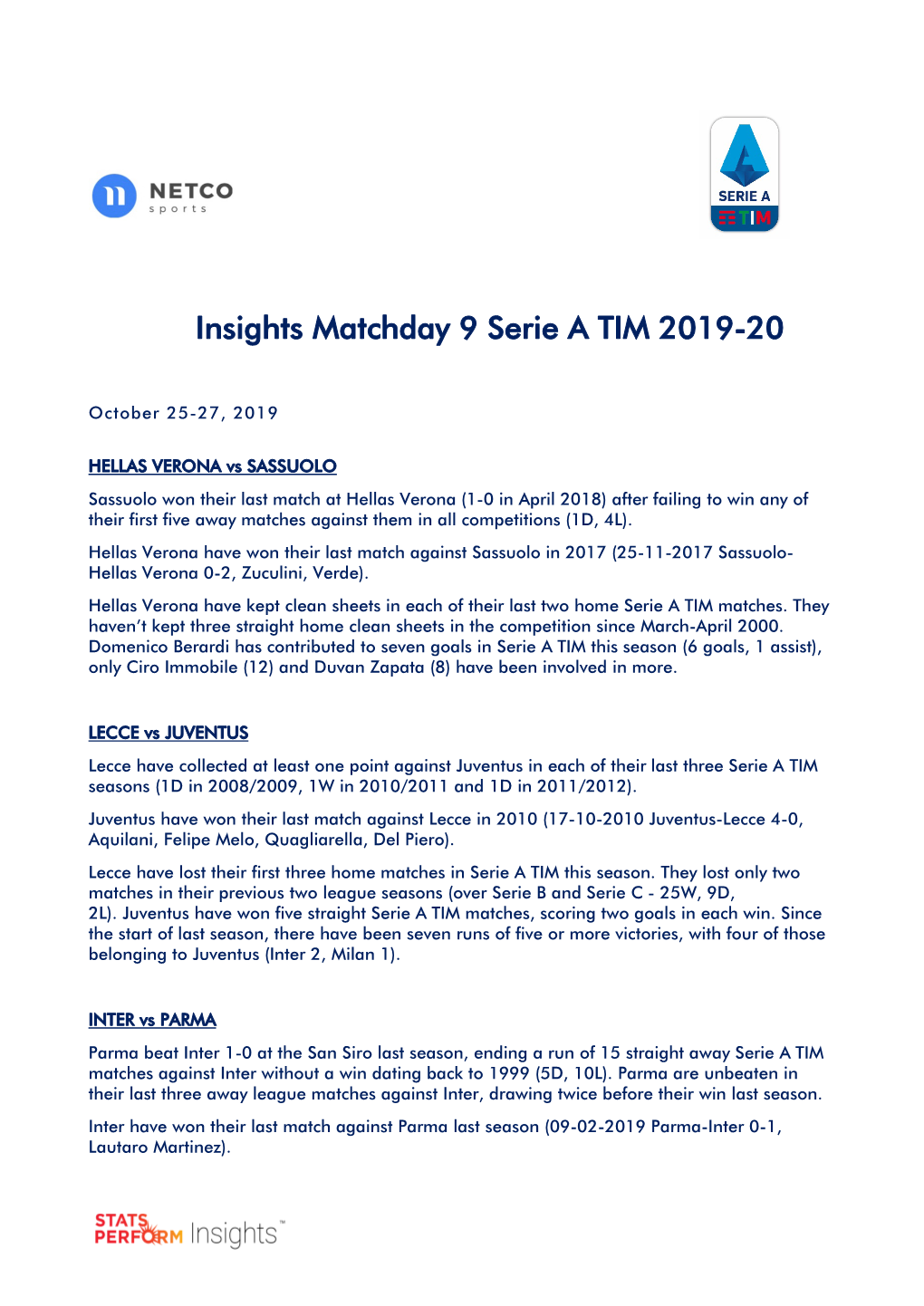 Insights Matchday 9 Serie a TIM 2019-20