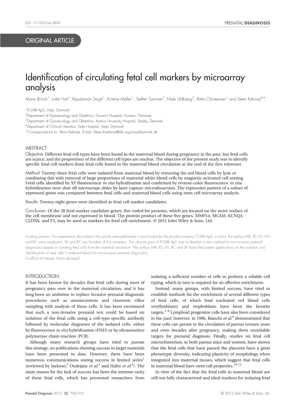 Identification of Circulating Fetal Cell Markers by Microarray Analysis