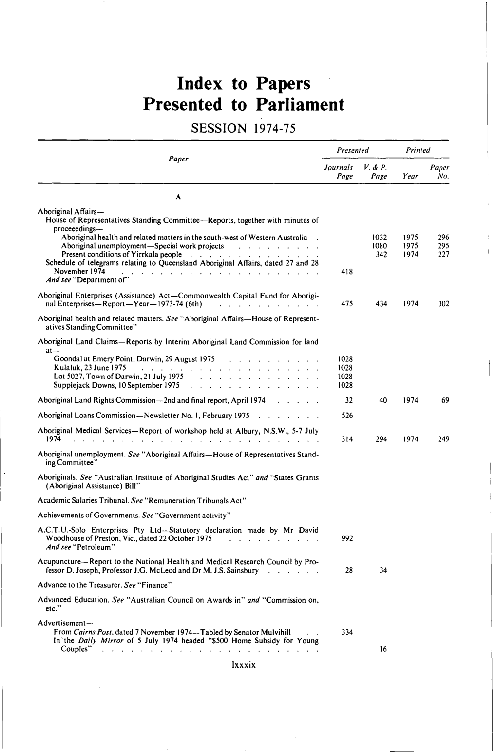 Index to Papers Presented to Parliament SESSION 1974-75