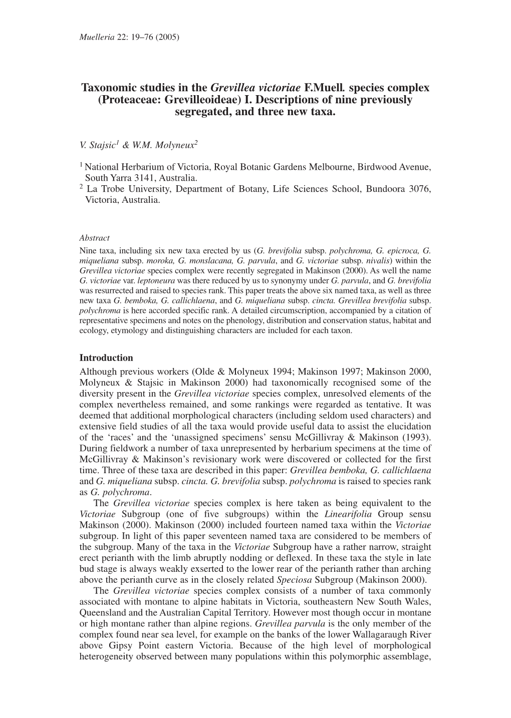 Taxonomic Studies in the Grevillea Victoriae F.Muell. Species Complex (Proteaceae: Grevilleoideae) I