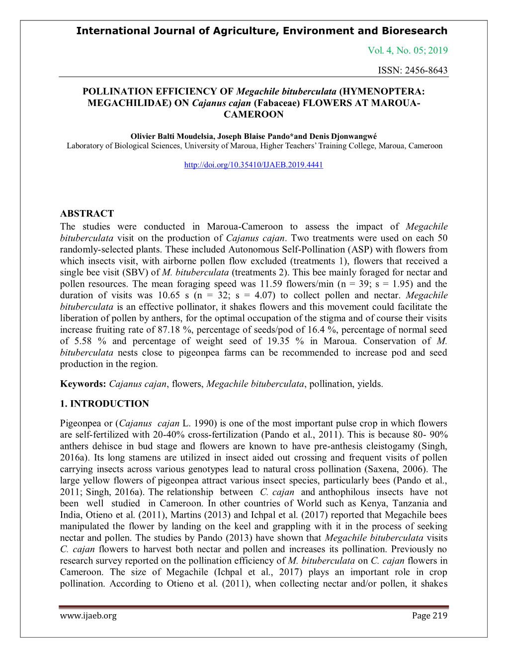 2019 Issn: 2456-8643 Pollination Efficiency Of