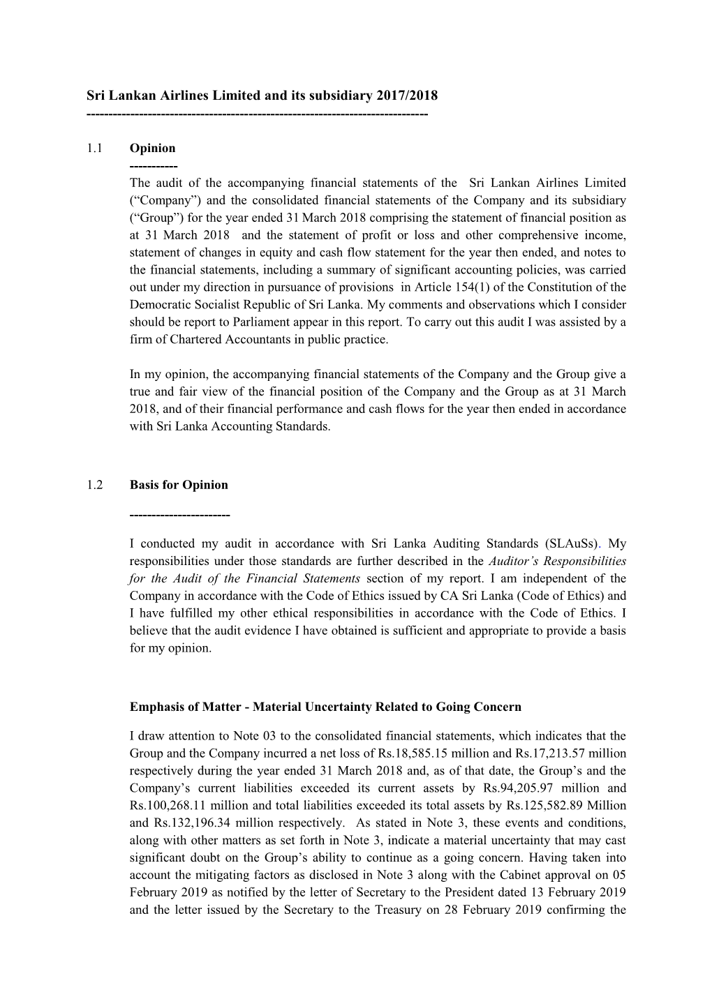 Sri Lankan Airlines Limited and Its Subsidiary 2017/2018