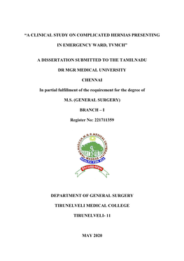A Dissertation Submitted to the Tamilnadu Dr M