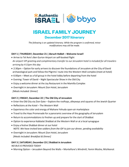 ISRAEL FAMILY JOURNEY December 2017 Itinerary
