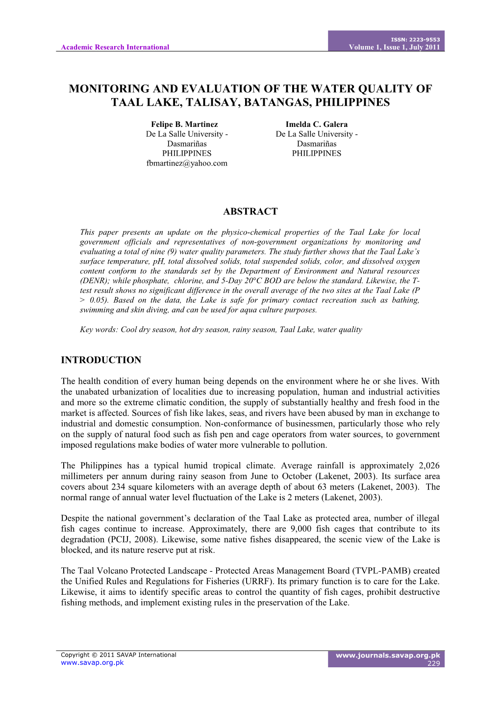 Monitoring and Evaluation of the Water Quality of Taal Lake, Talisay, Batangas, Philippines