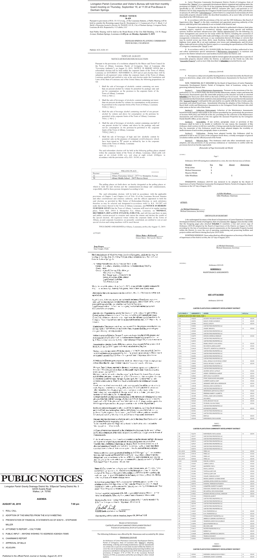 PUBLIC NOTICES 52 519231 SANDERS, IRVING DEWEY JR & WANDA P $ 425.00 53 525675 PARRINO, THERESE M & FRANK M $ 425.00 Livingston Parish Gravity Drainage District No