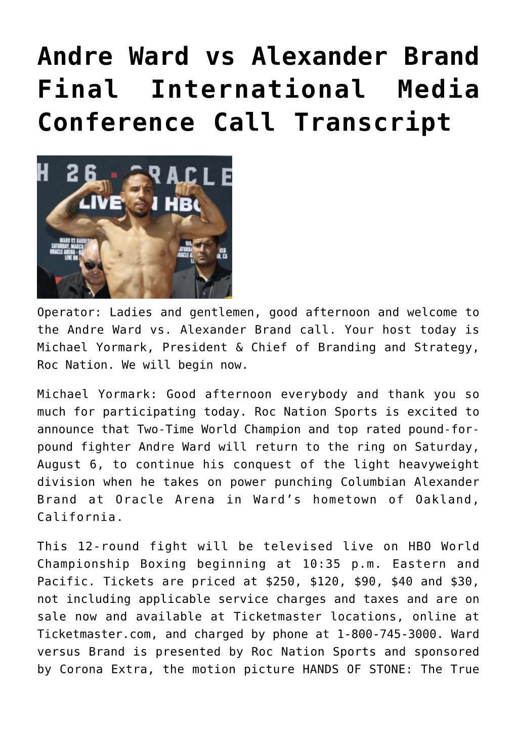 Andre Ward Vs Alexander Brand Final International Media Conference Call Transcript