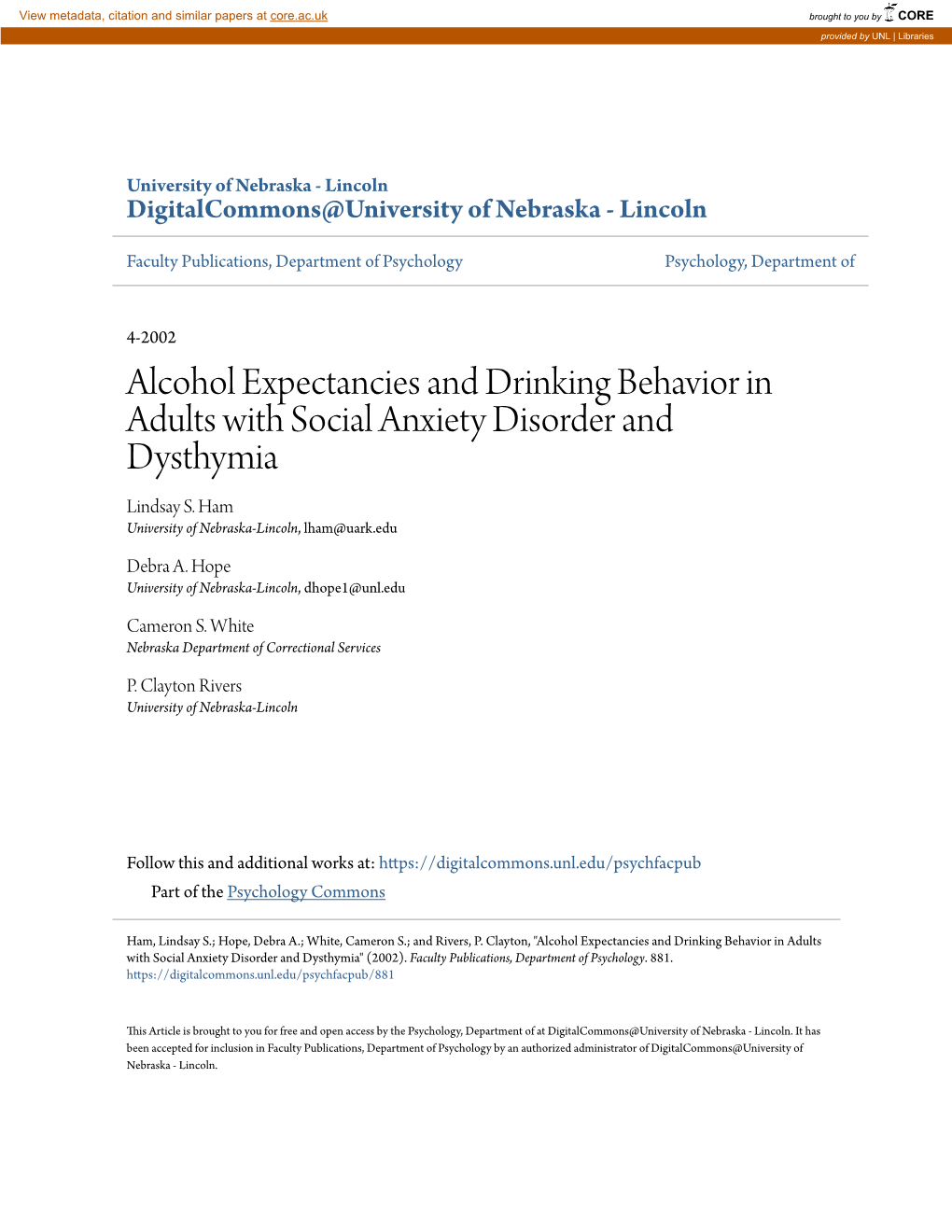 Alcohol Expectancies and Drinking Behavior in Adults with Social Anxiety Disorder and Dysthymia Lindsay S