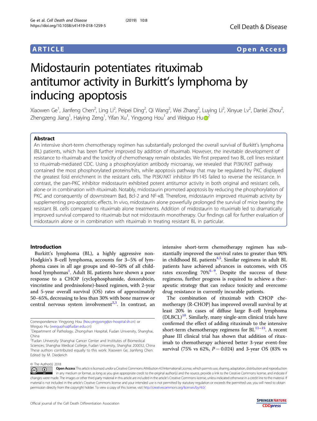 Midostaurin Potentiates Rituximab Antitumor Activity in Burkittâ€™S