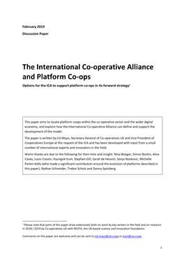The International Co-Operative Alliance and Platform Co-Ops Options for the ICA to Support Platform Co-Ops in Its Forward Strategy1