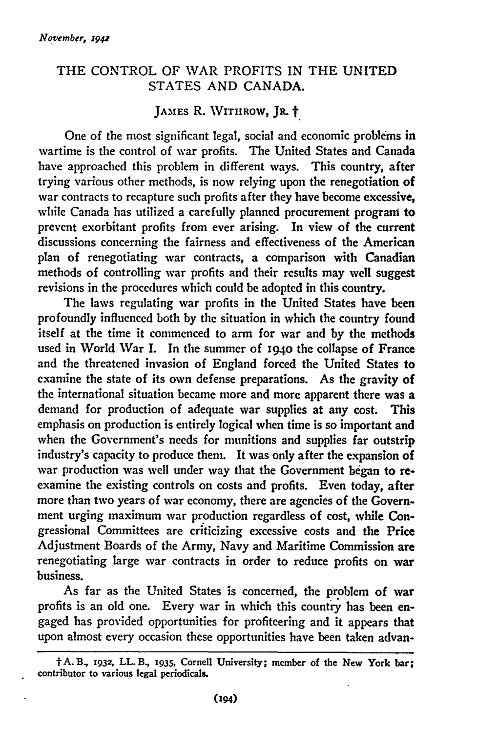 The Control of War Profits in the United States and Canada