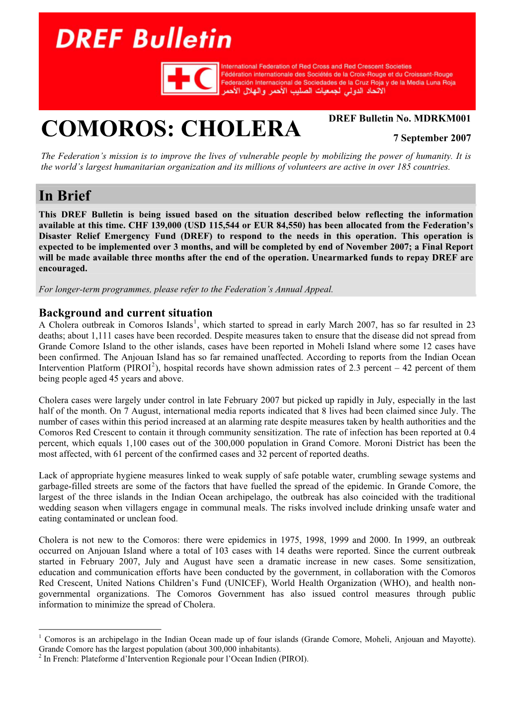 Comoros: Cholera; DREF Bulletin No. MDRKM001