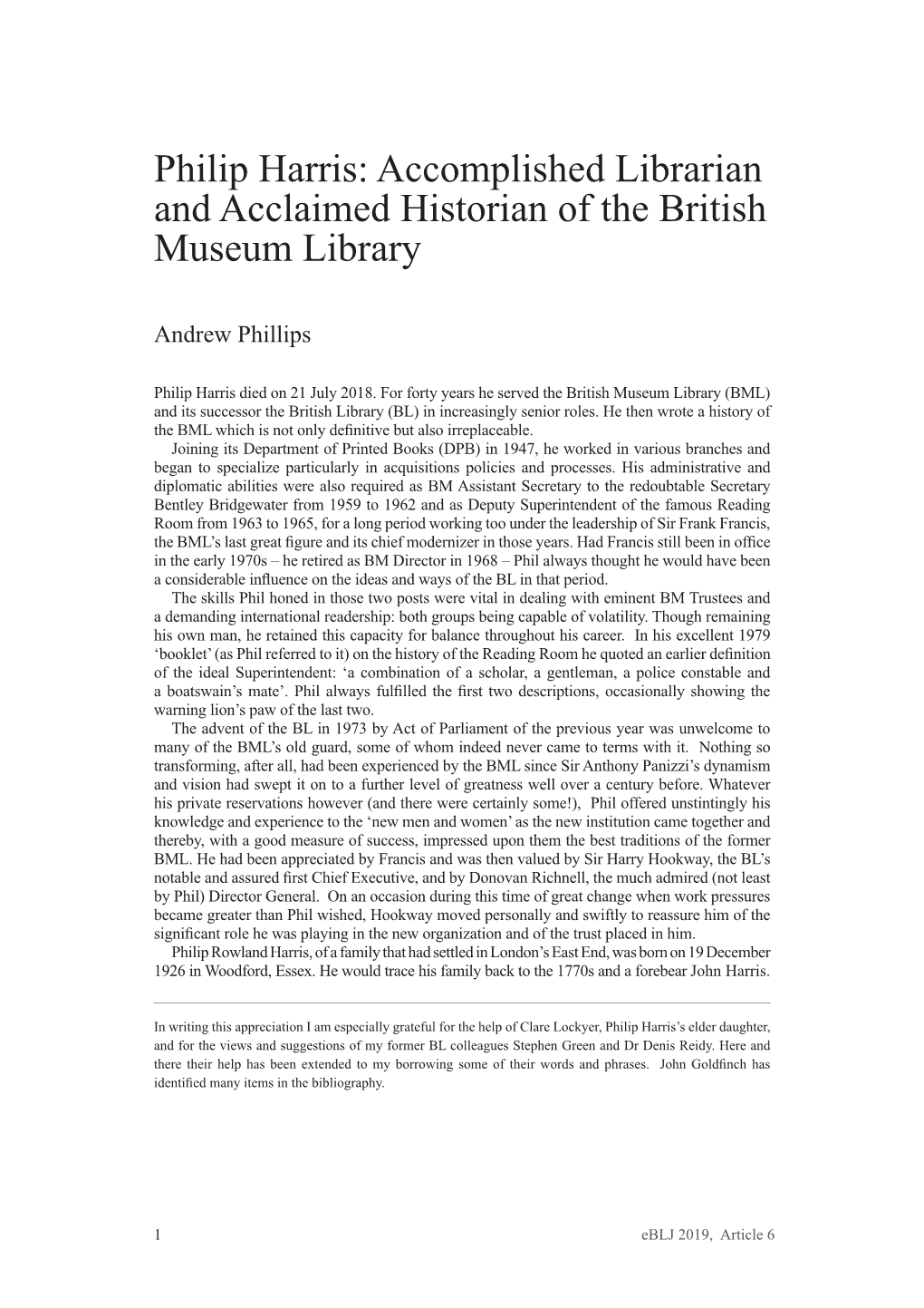 Philip Harris: Accomplished Librarian and Acclaimed Historian of the British Museum Library