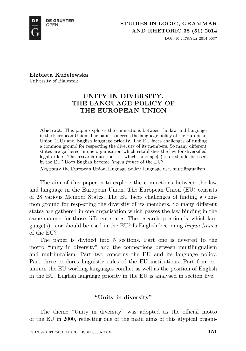 Unity in Diversity. the Language Policy of the European Union