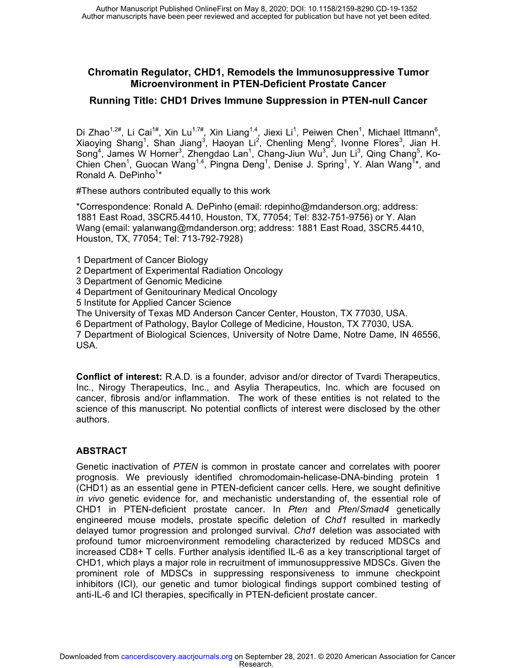 Chromatin Regulator, CHD1, Remodels the Immunosuppressive