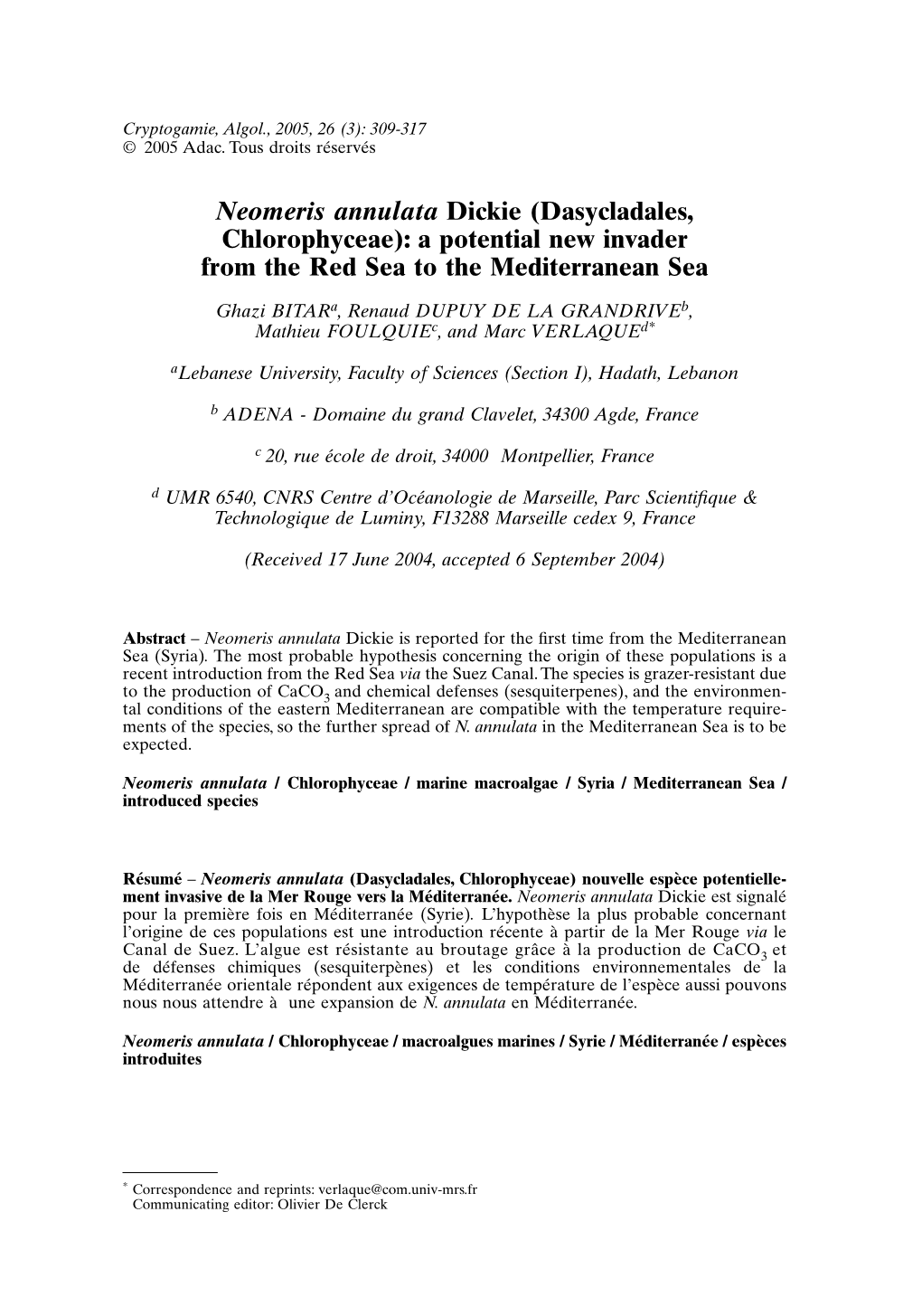 Neomeris Annulata Dickie (Dasycladales, Chlorophyceae): a Potential New Invader from the Red Sea to the Mediterranean Sea