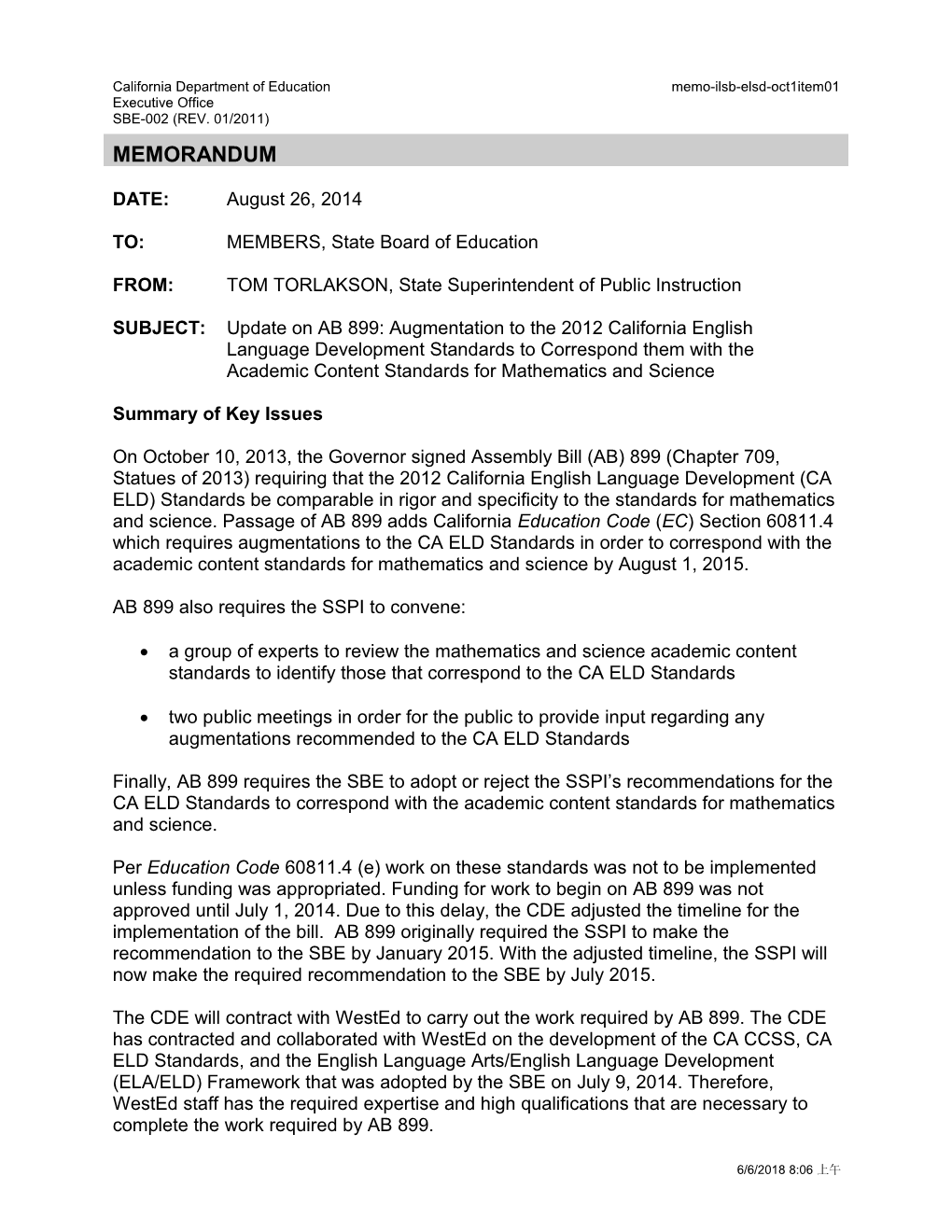 October 2014 ILSB ELSD Item 01 - Information Memorandum (CA State Board of Education)