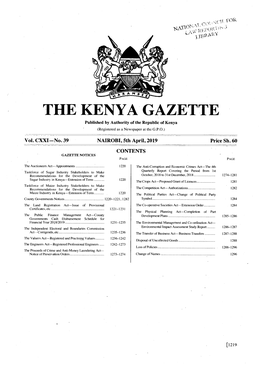 THE KENYA GAZETTE Published by Authority of the Republic of Kenya (Registered As a Newspaper at the G.P.O.) � Vol