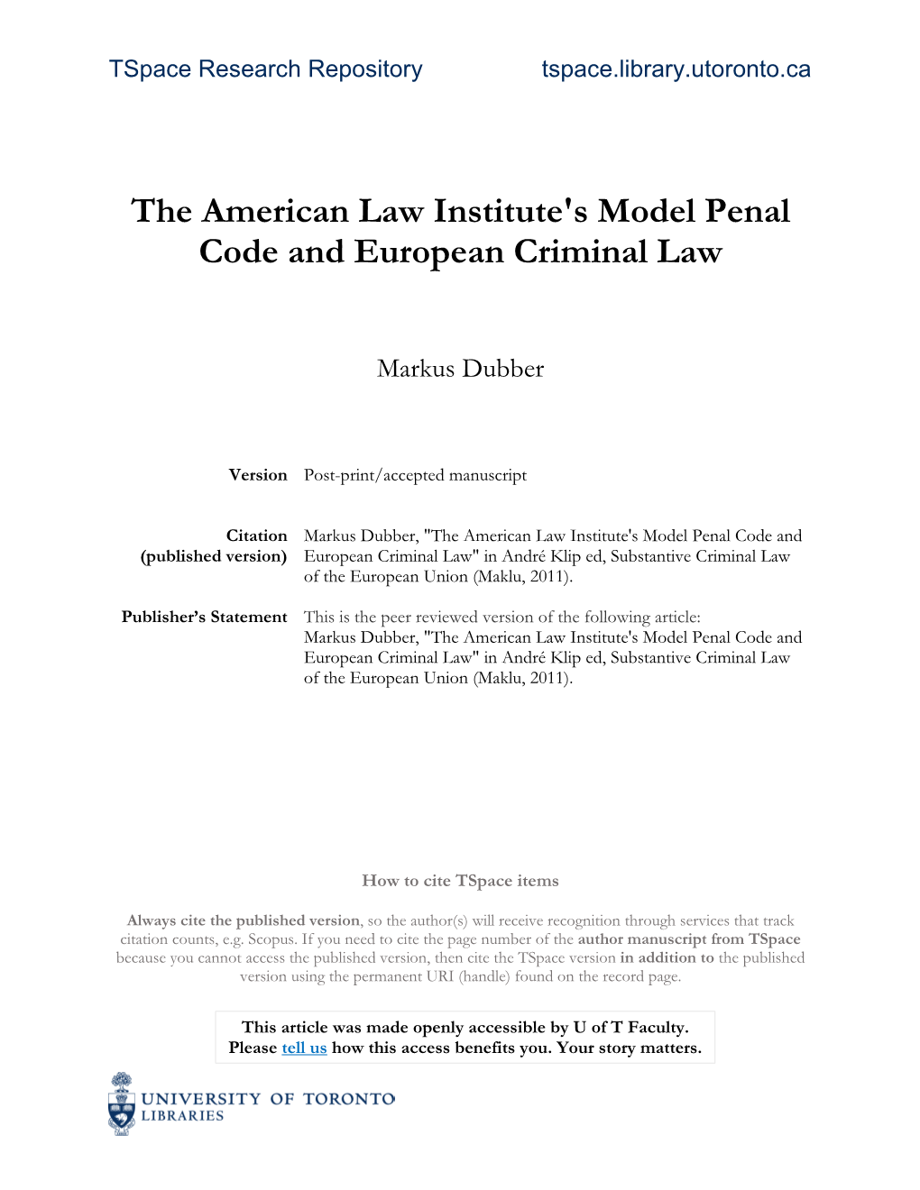 The American Law Institute's Model Penal Code and European Criminal Law