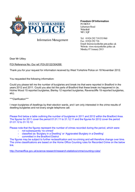 Information Management Fax: 01924 292 726 Email: Foi@Westyorkshire.Pnn.Police.Uk Website: Monday 07 January 2013