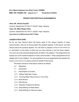 MMC-106 / PGDMC-106 Lesson No: 1 Production Portfolio