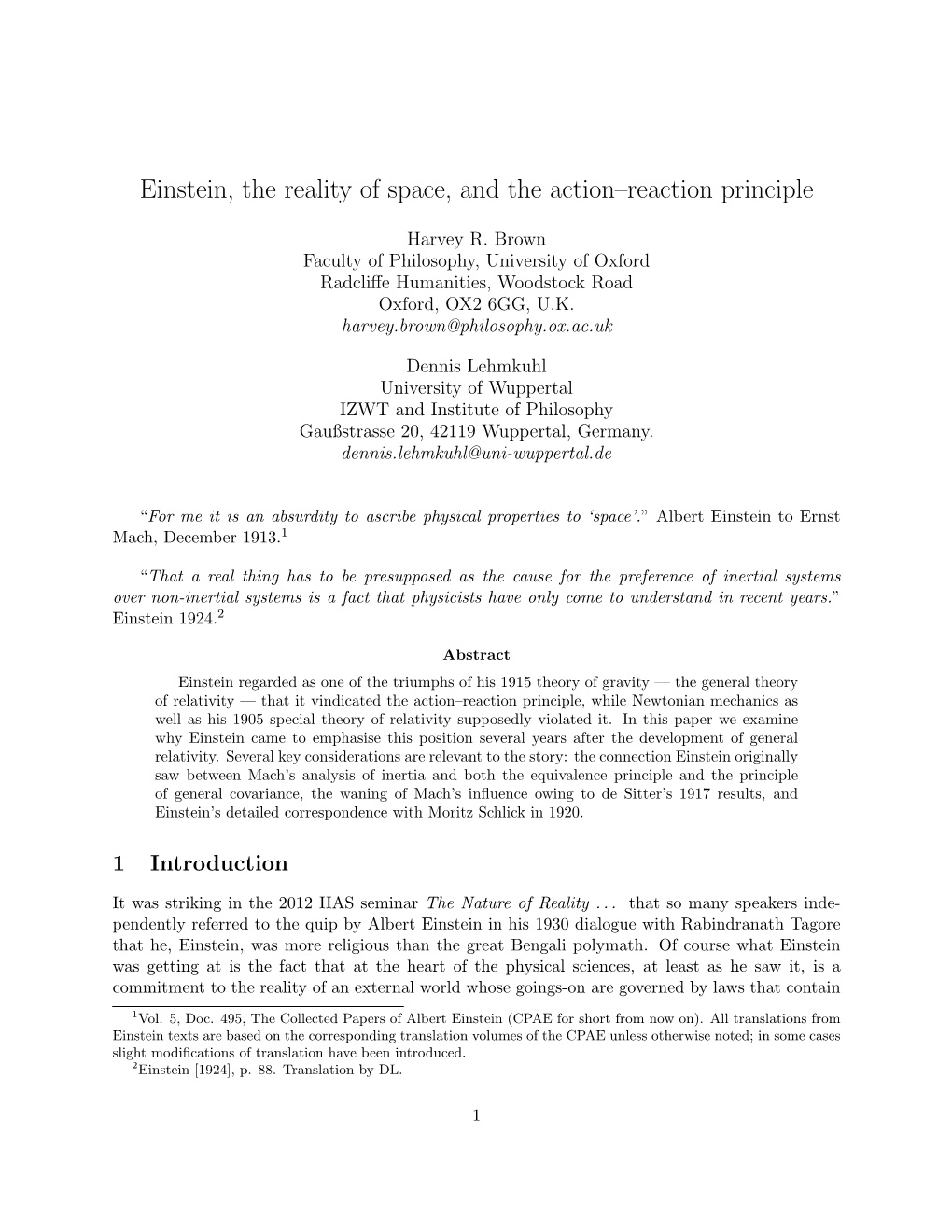 Einstein, the Reality of Space, and the Action–Reaction Principle