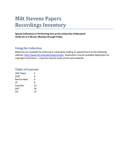 Milt Stevens Papers Recordings Inventory