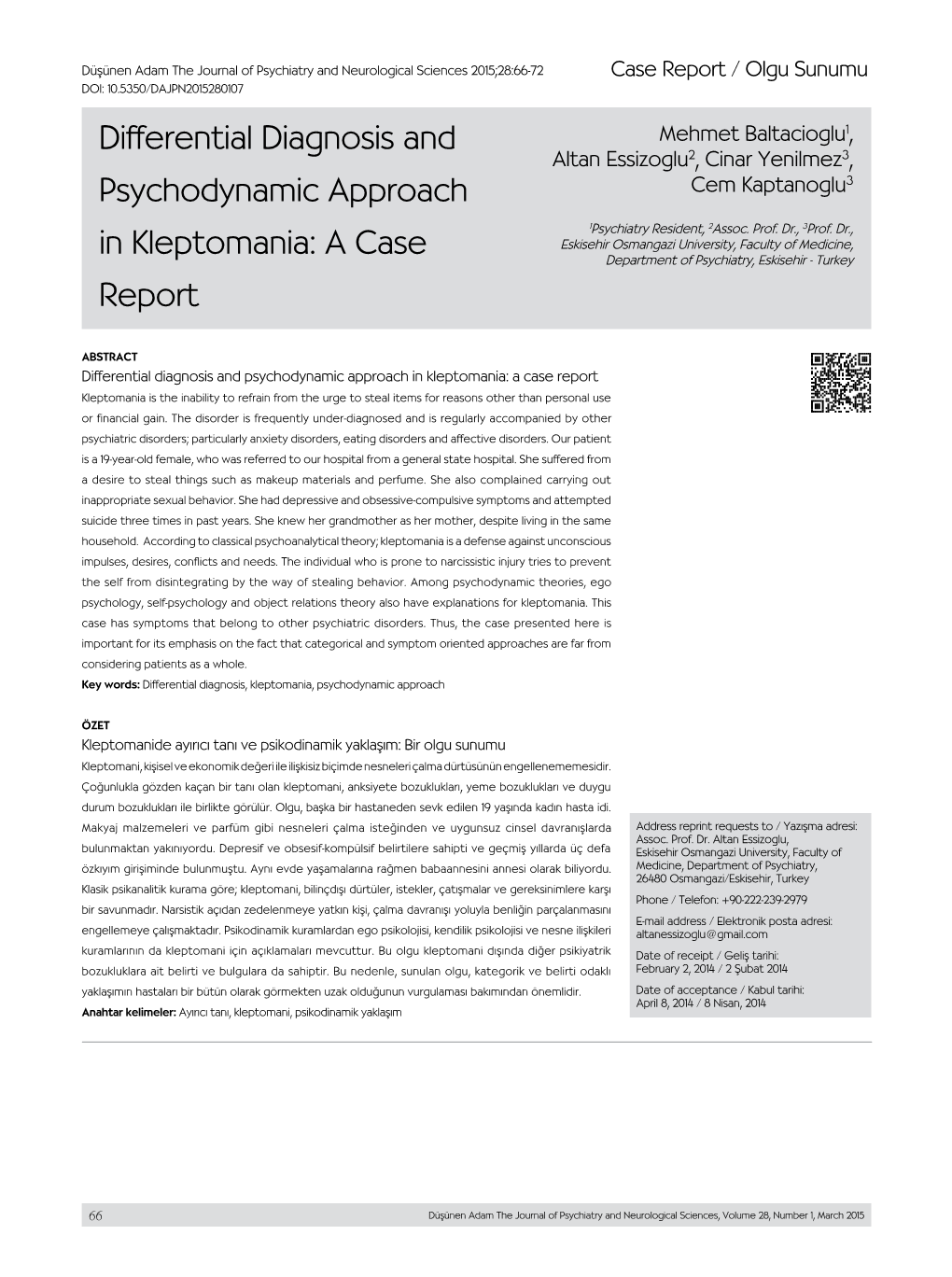 Differential Diagnosis and Psychodynamic Approach in Kleptomania