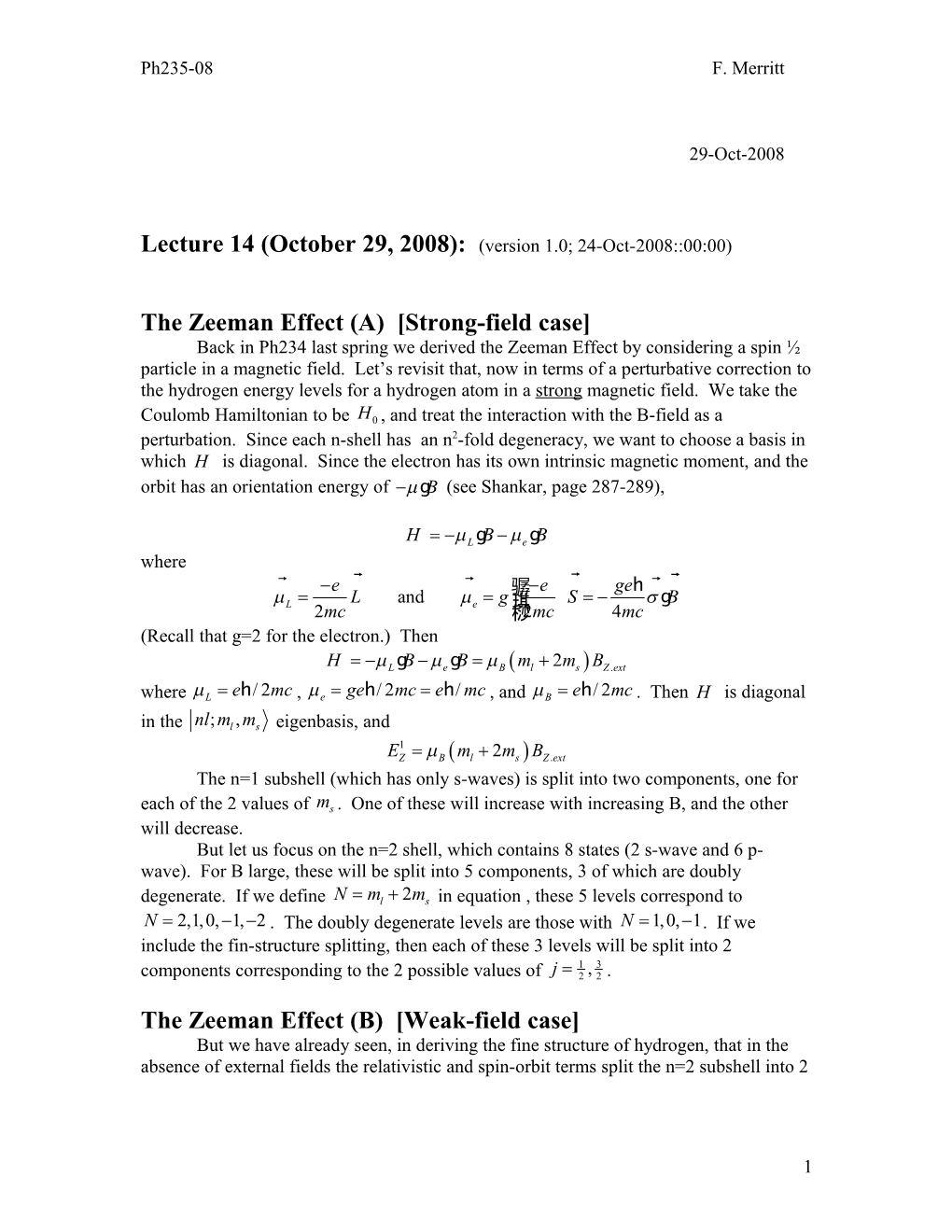 Energy Levels for the Hydrogen Atom (From Ph234)