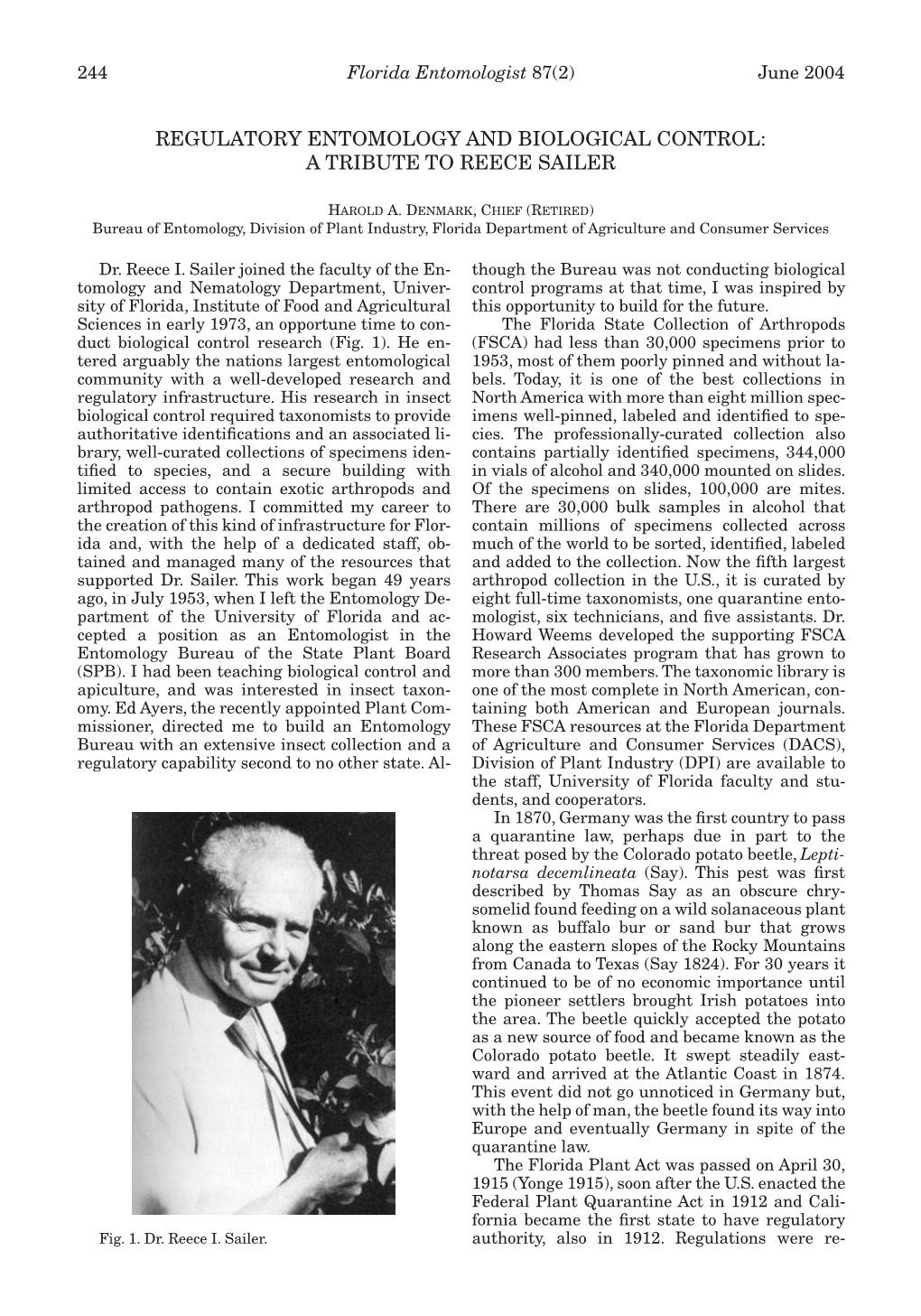 Regulatory Entomology and Biological Control: a Tribute to Reece Sailer