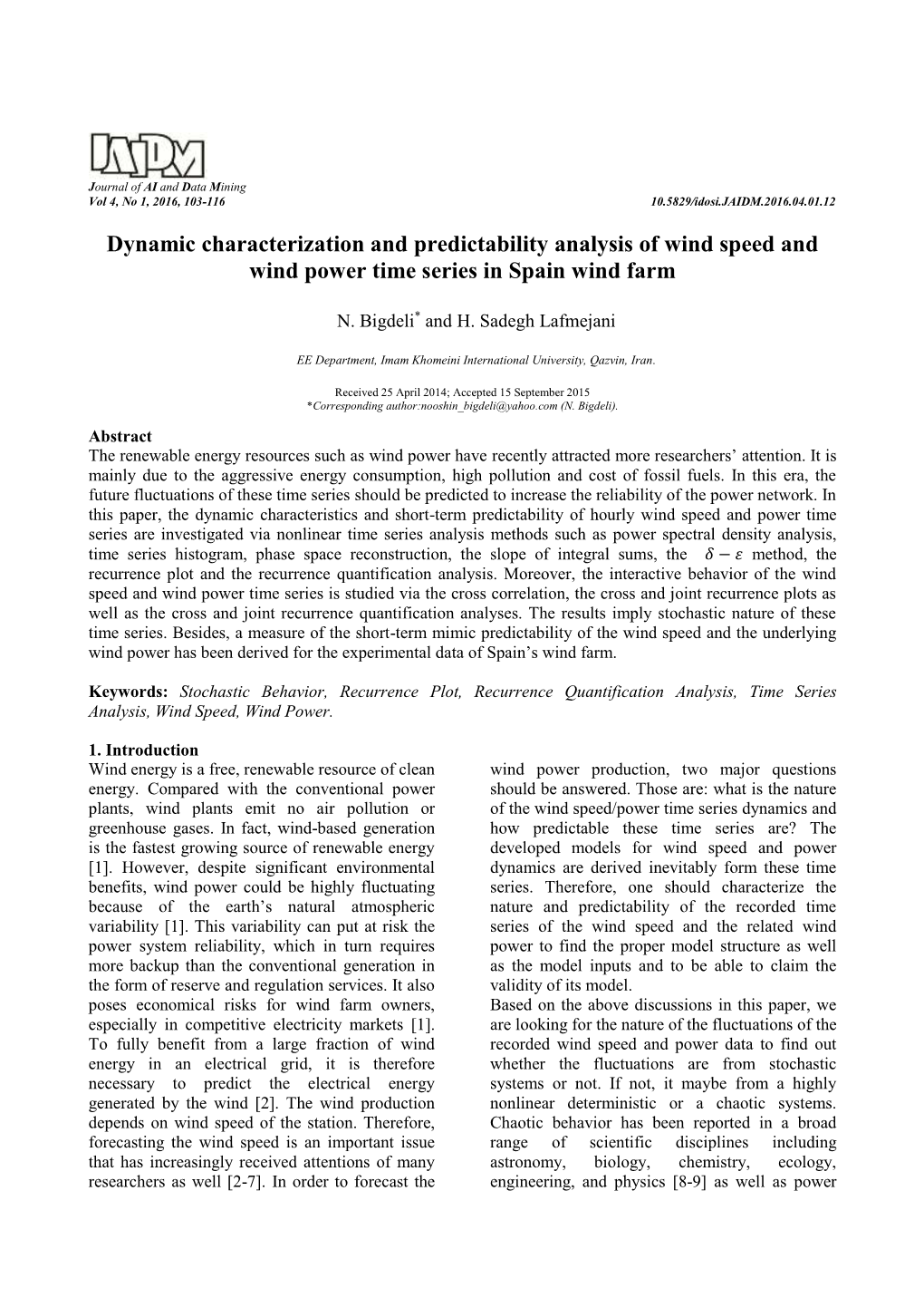 Dynamic Characterization and Predictability Analysis of Wind Speed and Wind Power Time Series in Spain Wind Farm