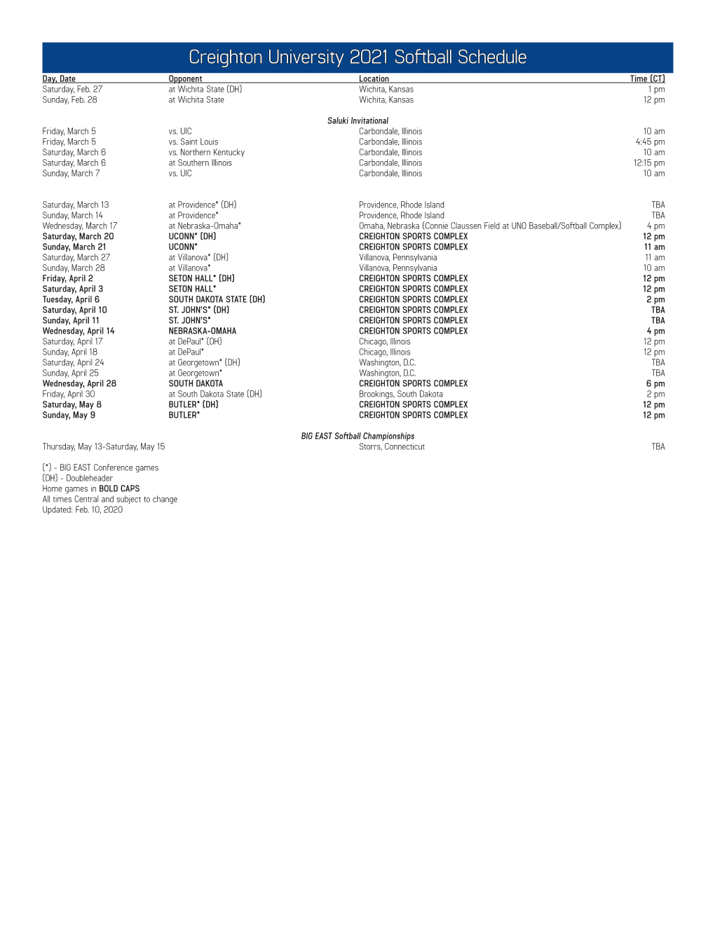 Creighton University 2021 Softball Schedule Day, Date Opponent Location Time (CT) Saturday, Feb