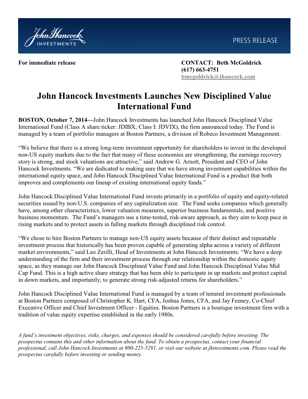 John Hancock Investments Launches New Disciplined Value International Fund