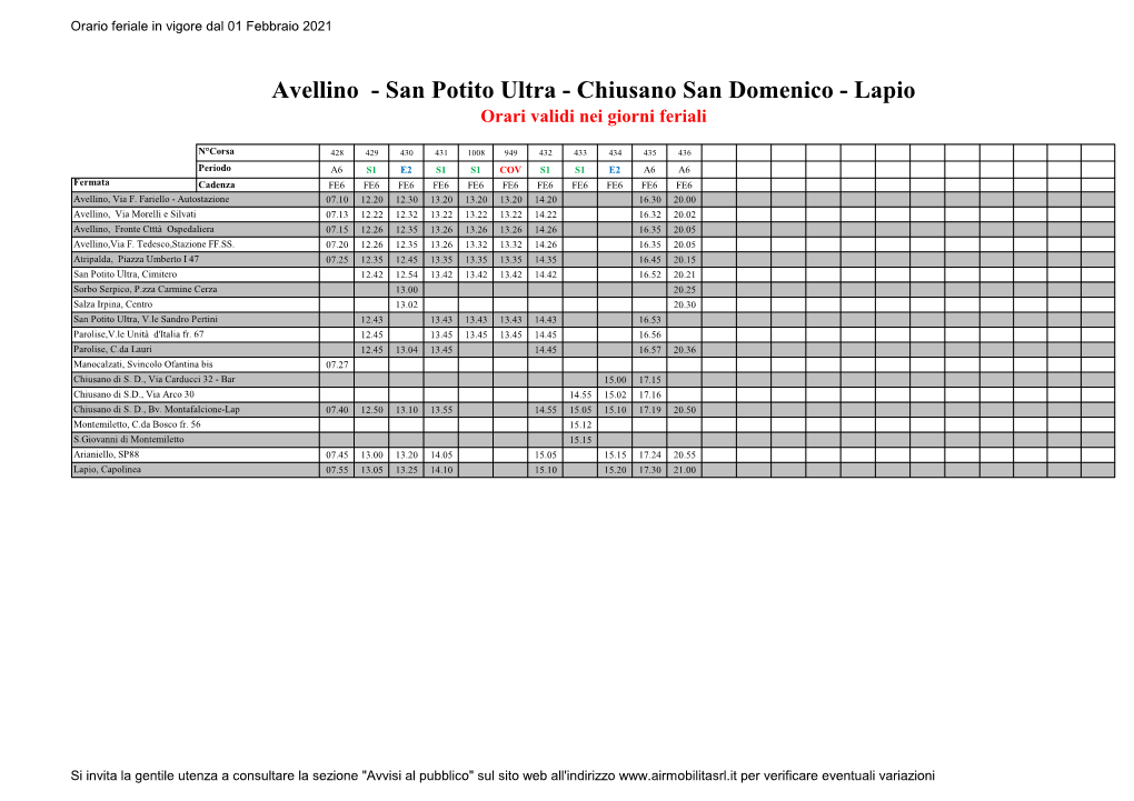 San Potito Ultra - Chiusano San Domenico - Lapio Orari Validi Nei Giorni Feriali