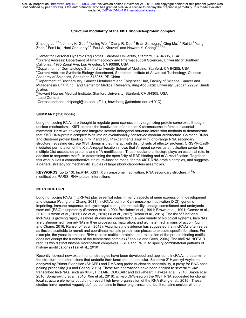 Structural Modularity of the XIST Ribonucleoprotein Complex Zhipeng