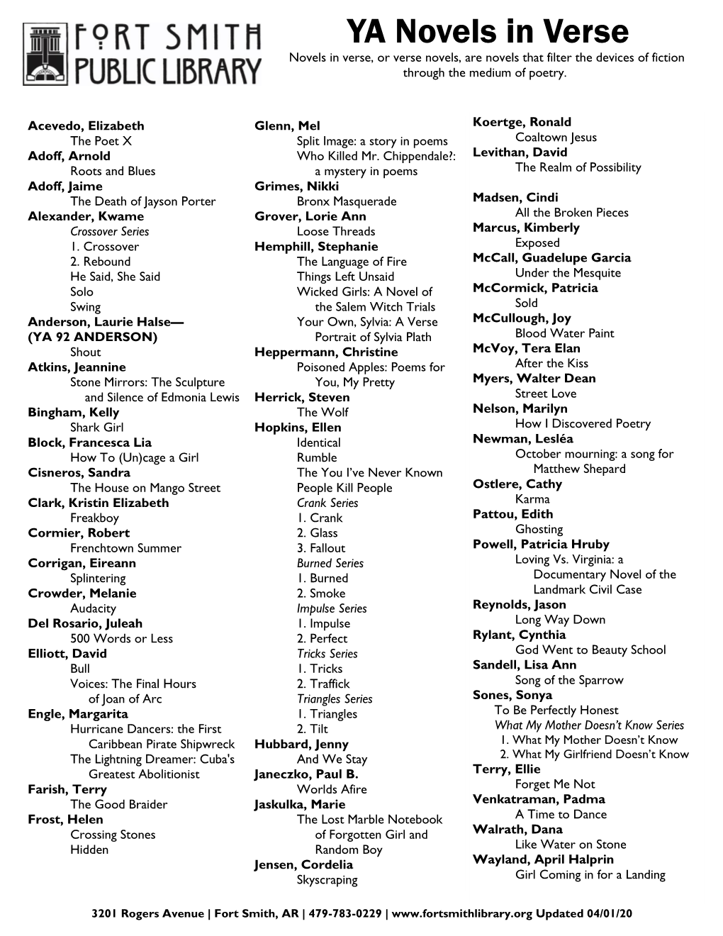 YA Novels in Verse Novels in Verse, Or Verse Novels, Are Novels That Filter the Devices of Fiction Through the Medium of Poetry