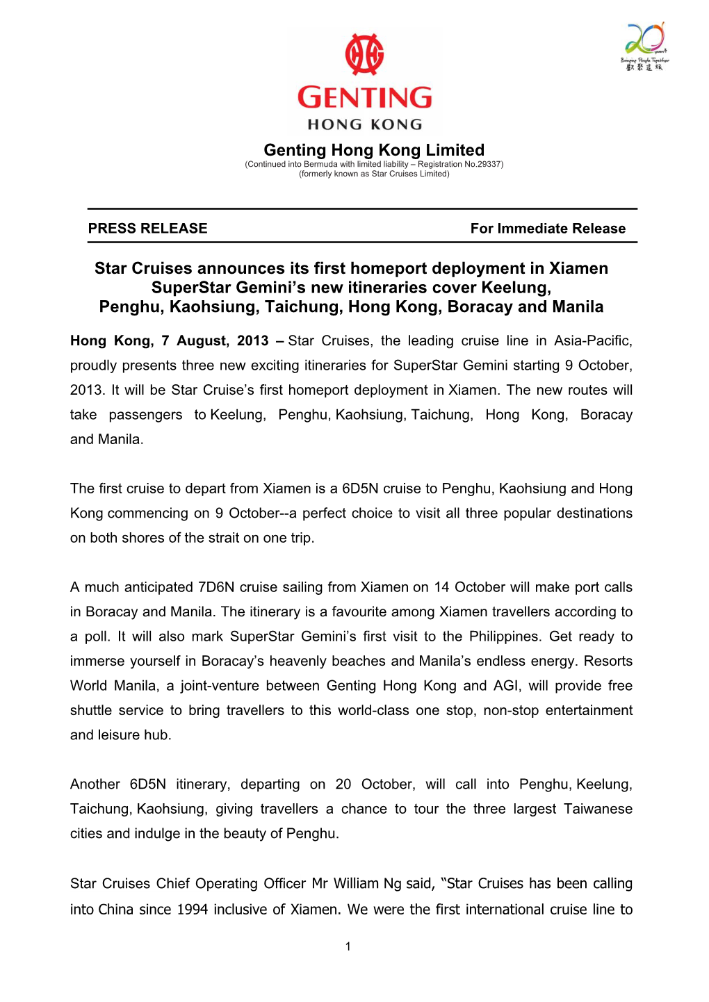 Star Cruises Announces Its First Homeport Deployment in Xiamen