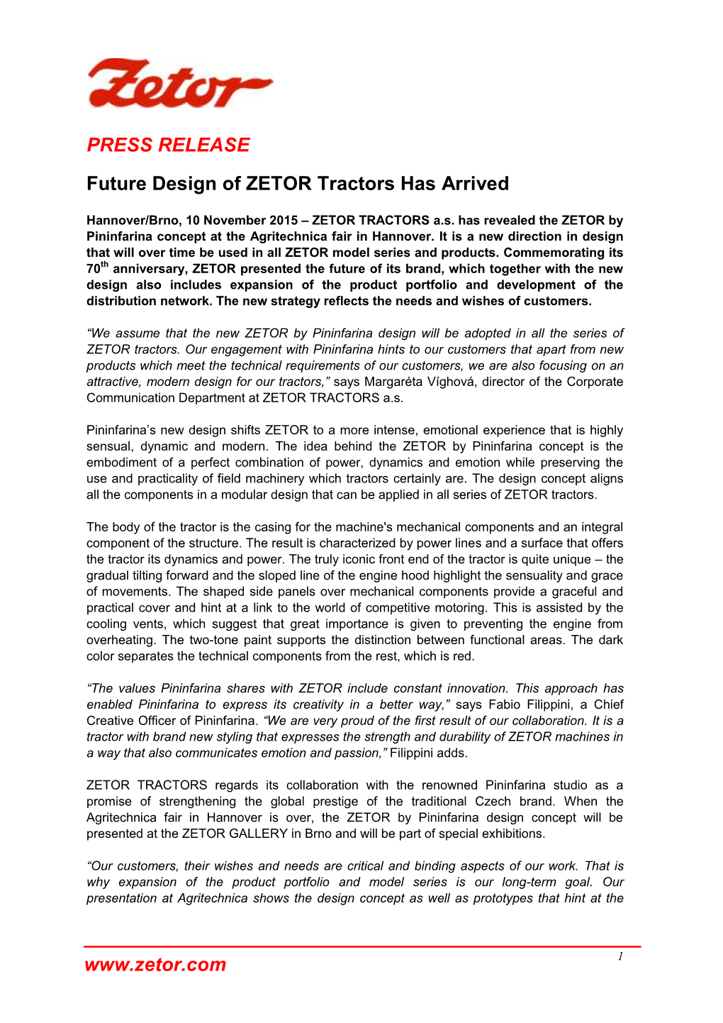PRESS RELEASE Future Design of ZETOR Tractors