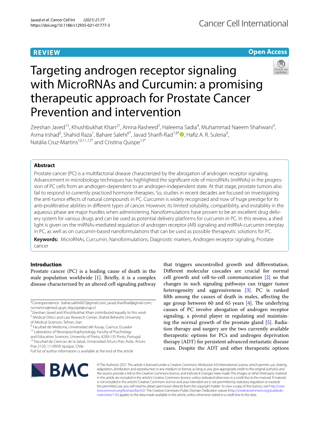 Targeting Androgen Receptor Signaling with Micrornas and Curcumin