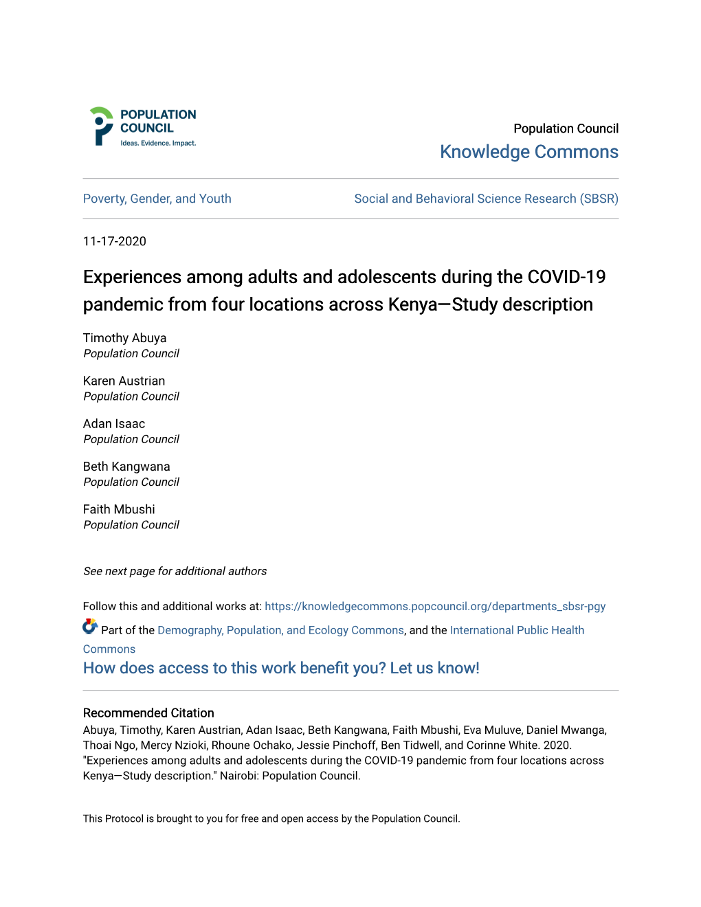 Experiences Among Adults and Adolescents During the COVID-19 Pandemic from Four Locations Across Kenya—Study Description