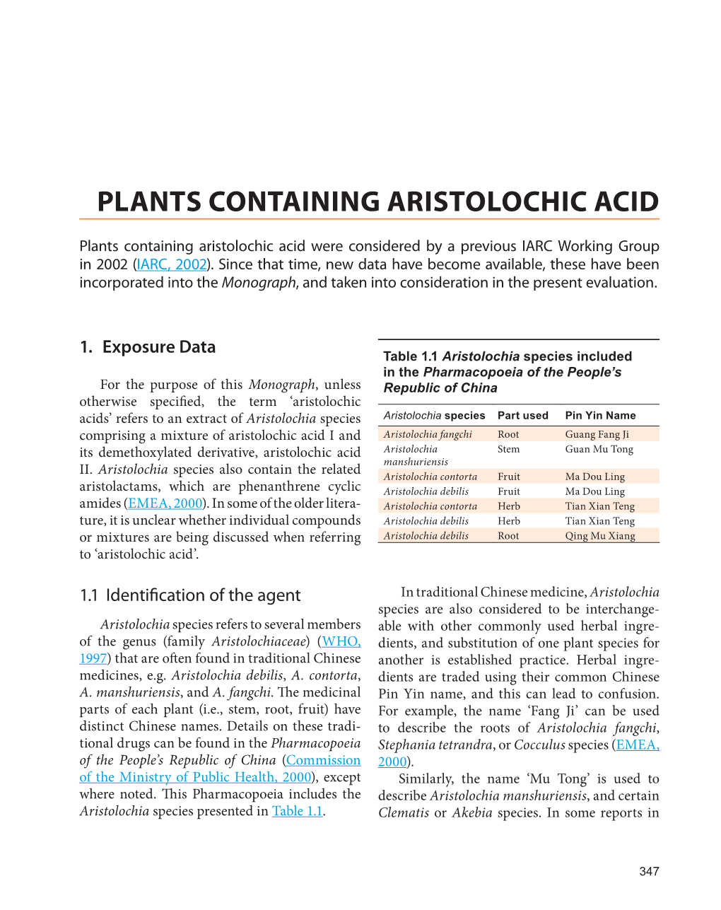 Plants Containing Aristolochic Acid
