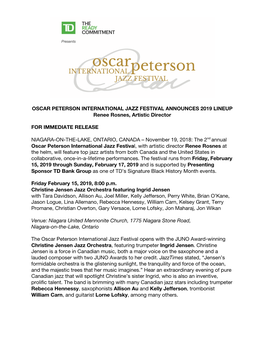 OSCAR PETERSON INTERNATIONAL JAZZ FESTIVAL ANNOUNCES 2019 LINEUP Renee Rosnes, Artistic Director