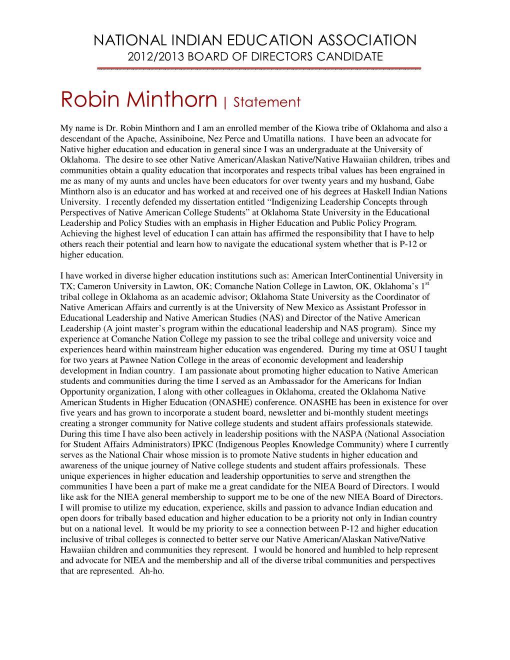 Robin Minthorn | Statement