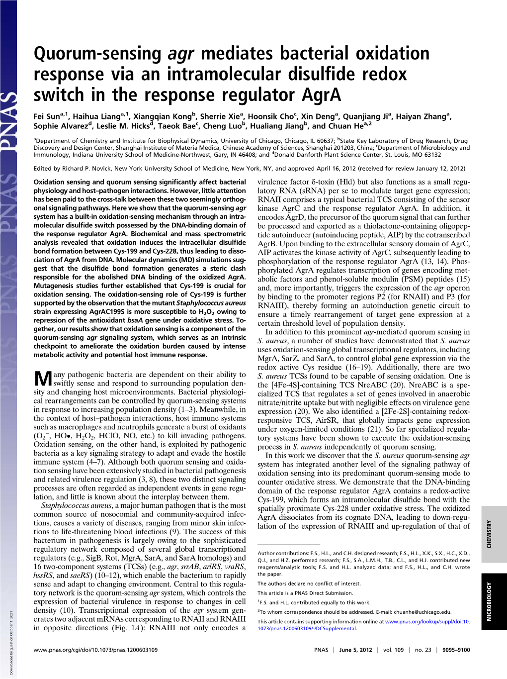 Quorum-Sensing Agr Mediates Bacterial Oxidation Response Via an Intramolecular Disulﬁde Redox Switch in the Response Regulator Agra