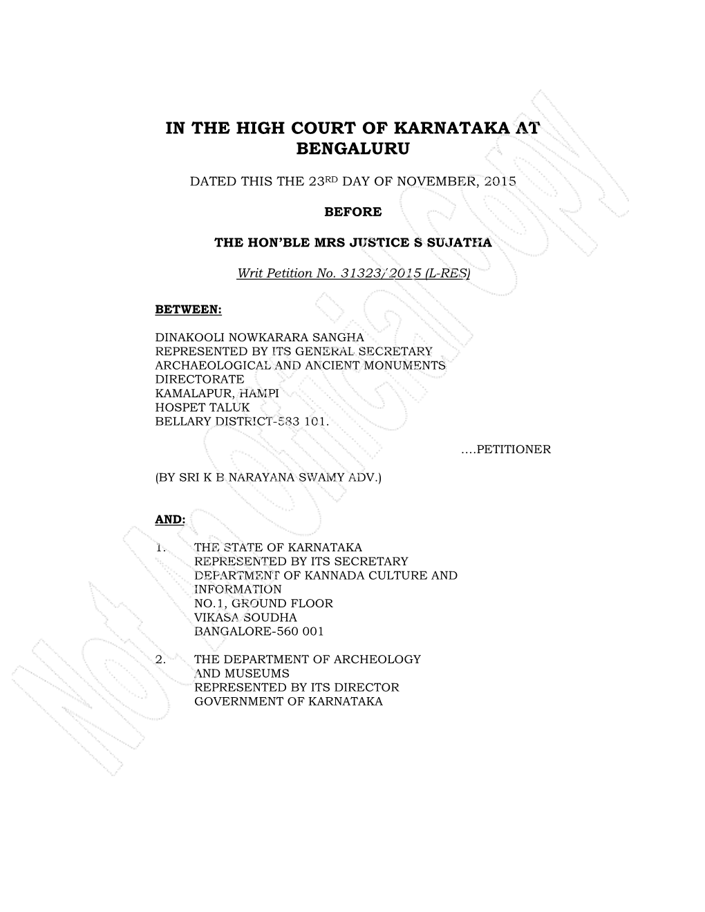 In the High Court of Karnataka at Bengaluru
