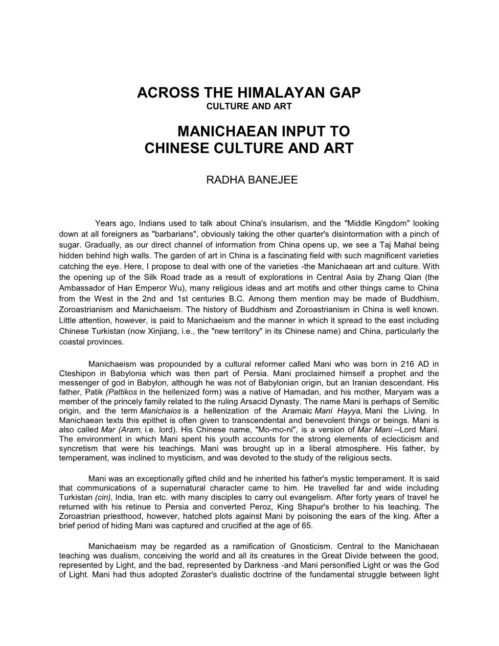 Across the Himalayan Gap Manichaean Input To