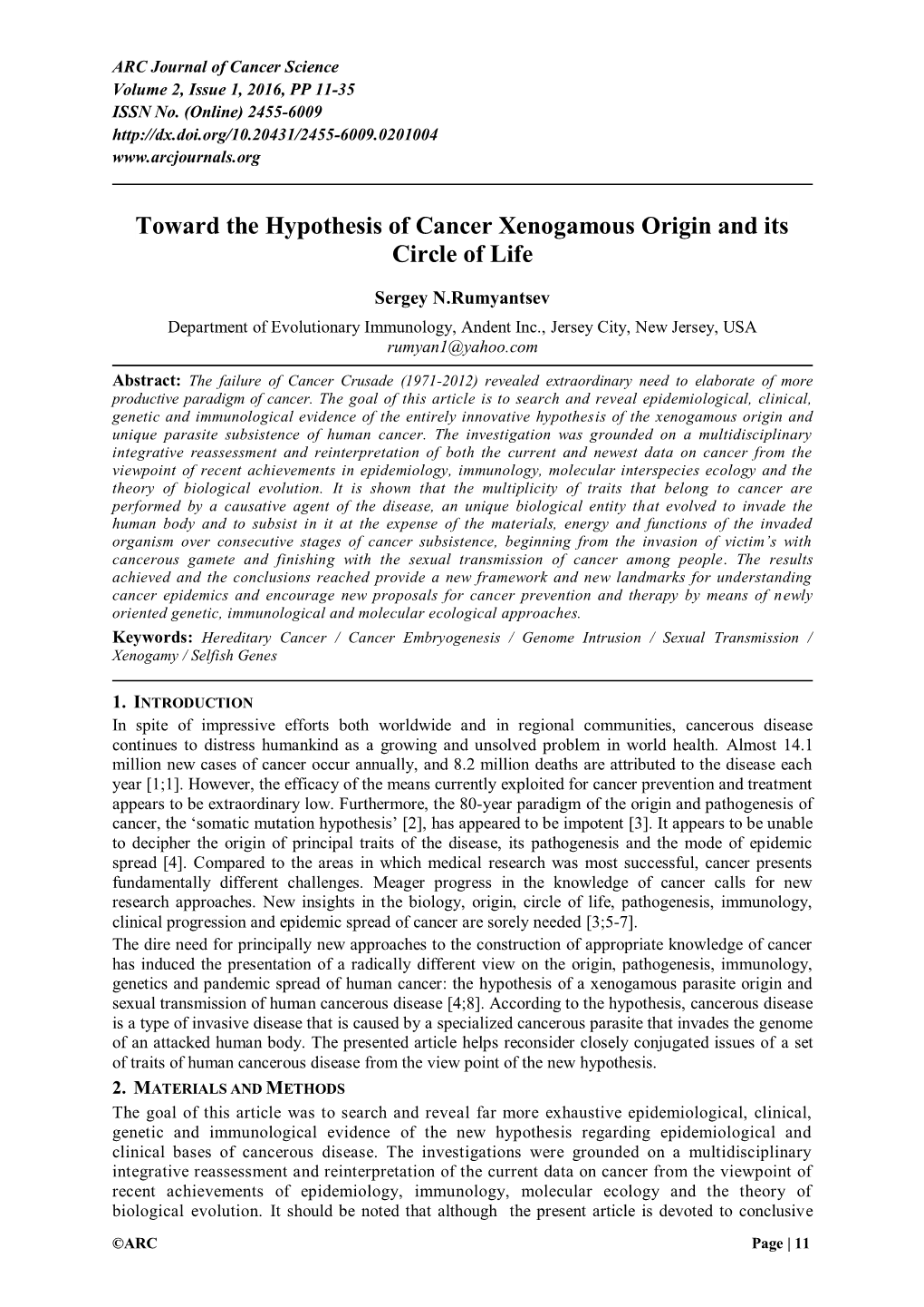 Fin the Hypothesis of Cancer Xenogamous Origin of and Circle of Life