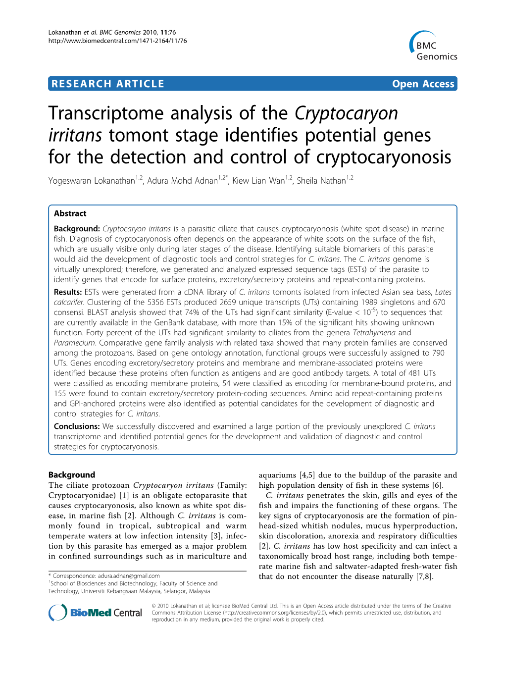 Transcriptome Analysis of the Cryptocaryon Irritans Tomont Stage