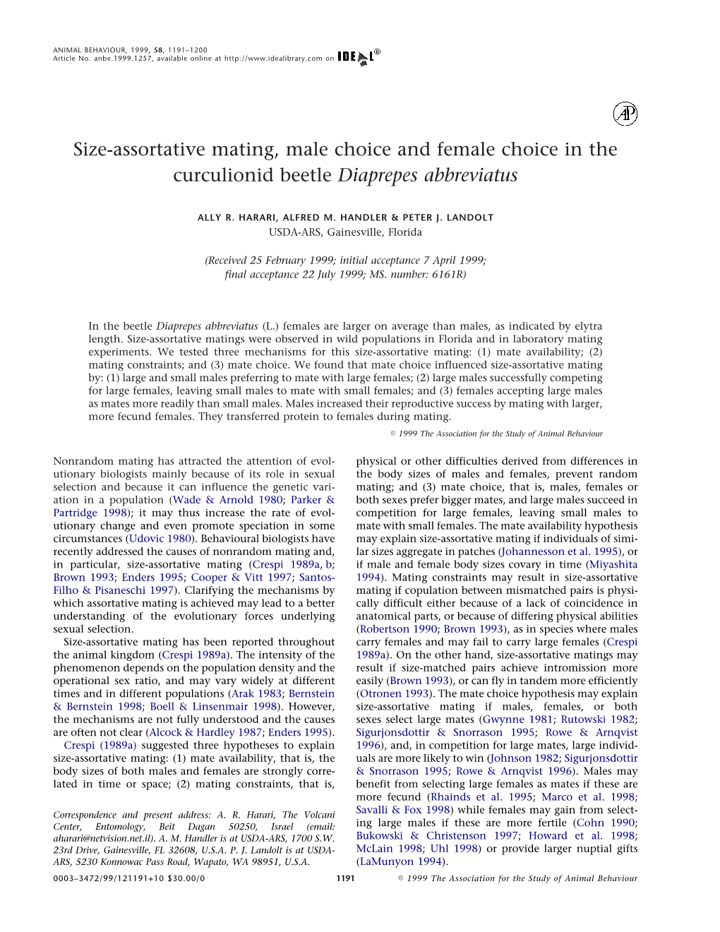 Size-Assortative Mating, Male Choice and Female Choice in the Curculionid Beetle Diaprepes Abbreviatus